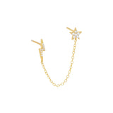 925 Silver Double Studs Chain Earrings Zircon Moon Star Lightning Piercing