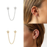 925 Silver Double Studs Chain Earrings Zircon Moon Star Lightning Piercing