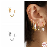 925 Silver Pearl Circle Chain Stud Earrings Women Piercing Studs