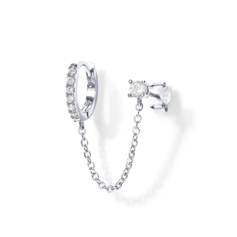 925 Silver Double Hole Tassel Earrings Green CZ Circle Stud Earring