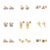 2pcs 925 Sterling Silver Purple Zircon Piercing Earrings Set