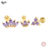 2pcs 925 Sterling Silver Purple Zircon Piercing Earrings Set