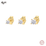 925 Silver Round Rhinestone Stud Earrings 3PCs