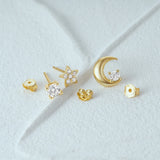 925 Silver 3PCS Hollow Butterfly Star Moon Zircon Earrings