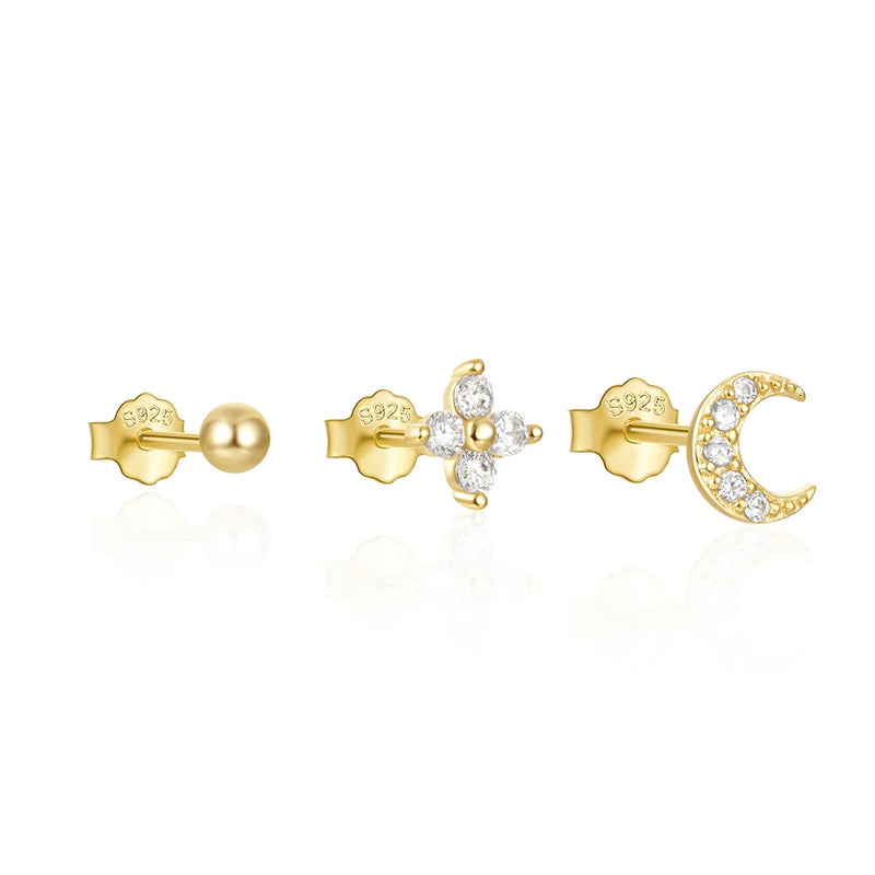 925 Silver 3PCS Hollow Butterfly Star Moon Zircon Earrings