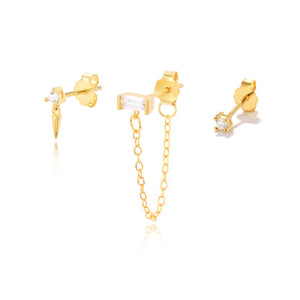 925 Silver 3PCs Zircon Stud Earrings Set Colorful Chain Piercing Studs