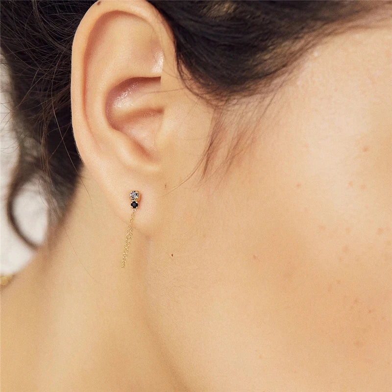 925 Silver 3PCs Zircon Stud Earrings Set Colorful Chain Piercing Studs
