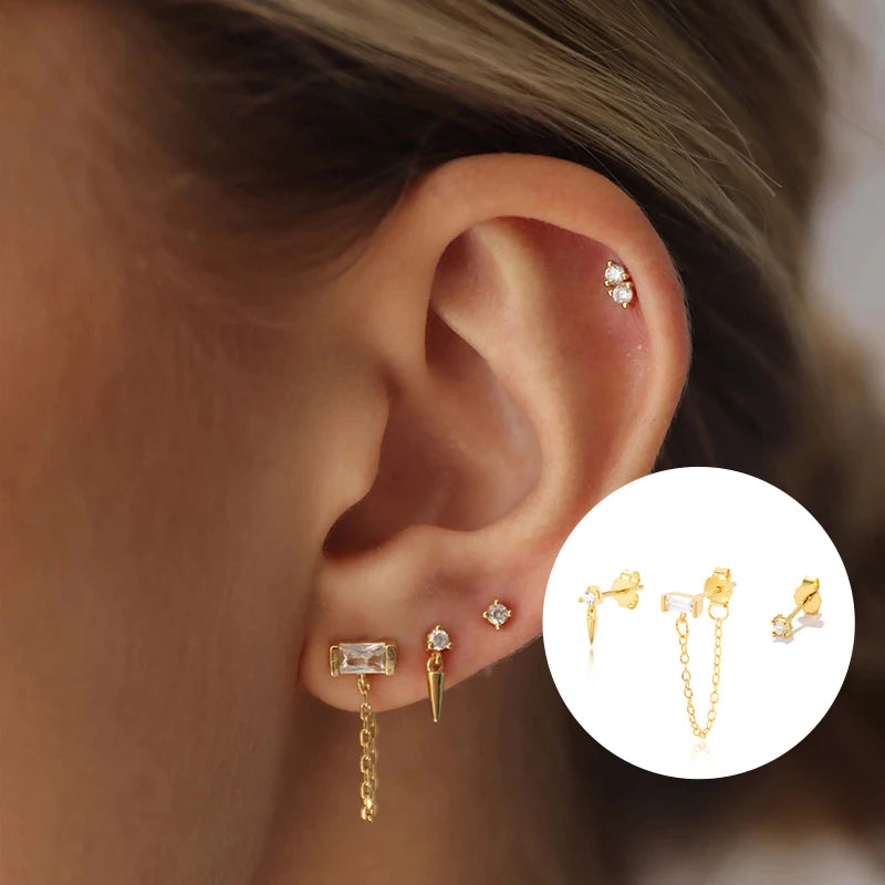 925 Silver 3PCs Zircon Stud Earrings Set Colorful Chain Piercing Studs
