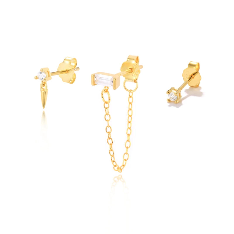 925 Silver 3PCs Zircon Stud Earrings Set Colorful Chain Piercing Studs