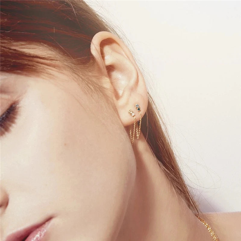 925 Silver 3PCs Zircon Stud Earrings Set Colorful Chain Piercing Studs