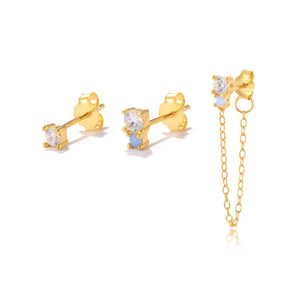 925 Silver 3PCs Zircon Stud Earrings Set Colorful Chain Piercing Studs