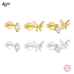 925 Silver Butterfly Zircon K Bar Piercing Stud Earrings Set