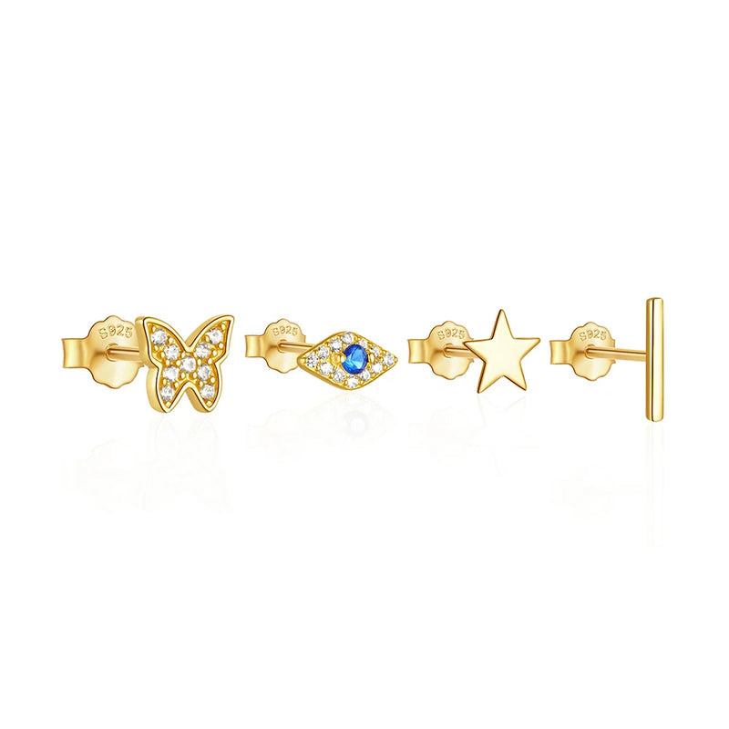 925 Sterling Silver Evil Eye Star Butterfly Piercing Stud Earring Set