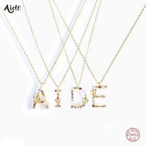 925 Silver A-Z Letters Pendant Necklace Women Boho Zircon Pearl Initial Alphabet