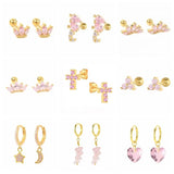 925 Silver Pink Crystal Pave Hoop Earrings Pink CZ Stone Charm Jewelry