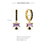 925 Silver CZ Pave Circle Drop Earrings Rectangle Purple Crystal Charm Jewelry
