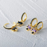 925 Silver CZ Pave Circle Drop Earrings Rectangle Purple Crystal Charm Jewelry