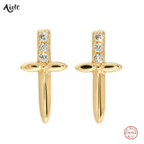 925 Sterling Silver Zircon Cross Dagger Stud Earrings for Women