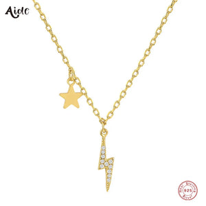 925 Silver Zircon Lightning Star Pendant Necklace 18K Plated Jewelry