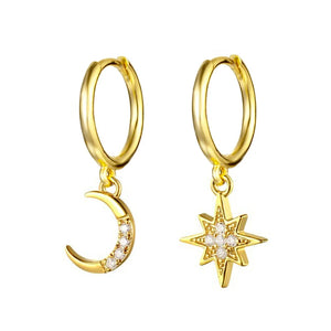 925 Silver Moon Star Pendant Mismatched Earrings