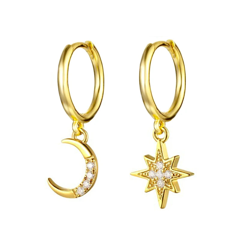 925 Silver Moon Star Pendant Mismatched Earrings