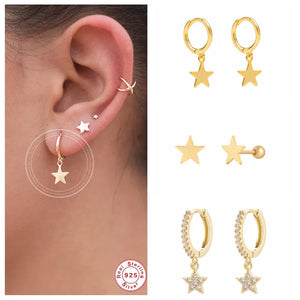 925 Silver Zircon Star Moon Earrings Crystal Pentagram Jewelry