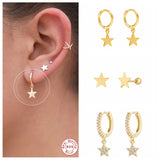 925 Silver Zircon Star Moon Earrings Crystal Pentagram Jewelry