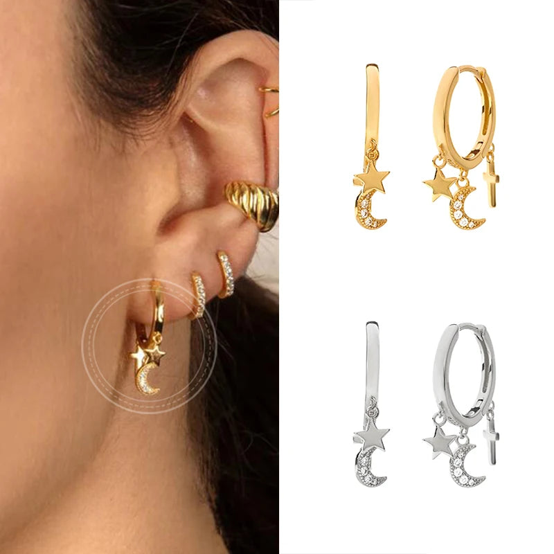 925 Silver Zircon Star Moon Earrings Crystal Pentagram Jewelry