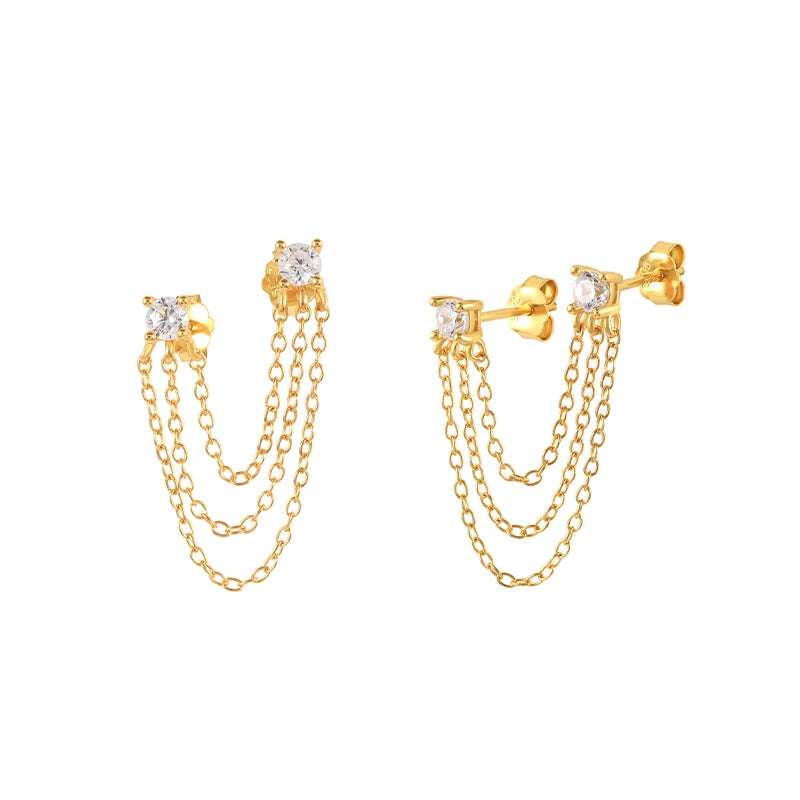 925 Silver Zircon Stud Earrings Double Studs Three Chain Tassel Piercing
