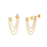 925 Silver Zircon Stud Earrings Double Studs Three Chain Tassel Piercing