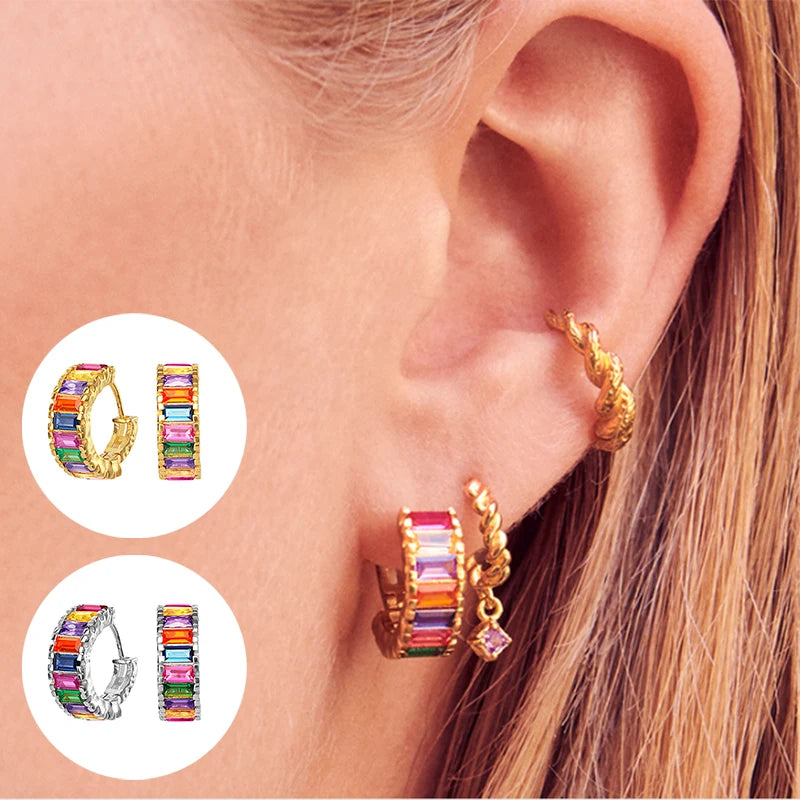 925 Silver Crystal Hoop Earrings Rainbow Zircon Huggie Jewelry