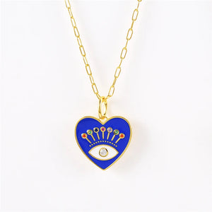 925 Silver Enamel Evil Eye Heart Pendant Necklace Zircon Palm Charm Thick Chain