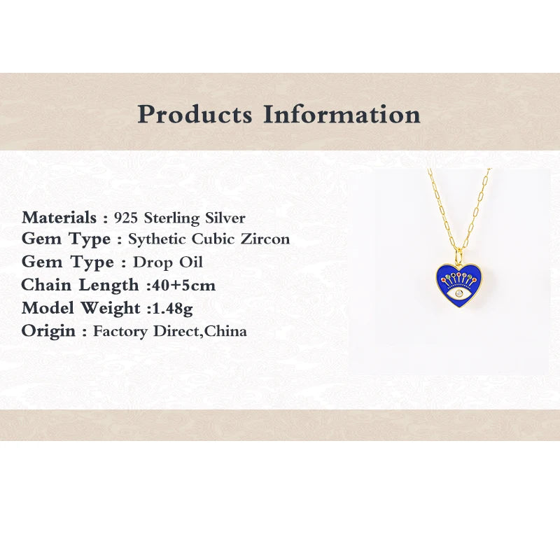 925 Silver Enamel Evil Eye Heart Pendant Necklace Zircon Palm Charm Thick Chain
