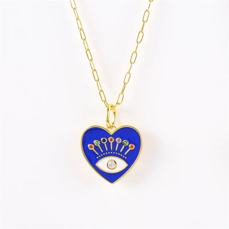 925 Silver Enamel Evil Eye Heart Pendant Necklace Zircon Palm Charm Thick Chain