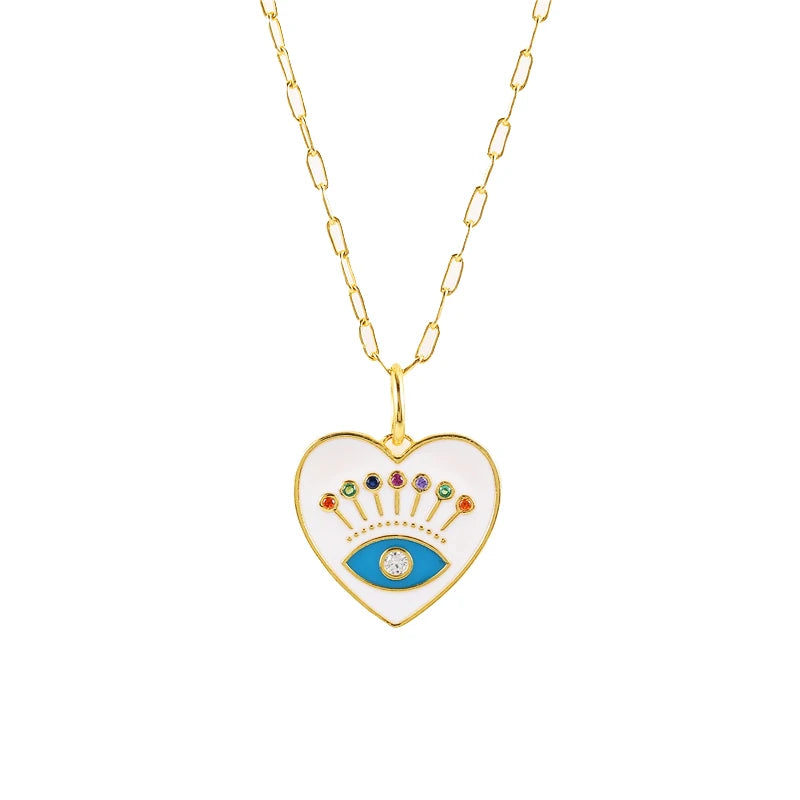 925 Silver Enamel Evil Eye Heart Pendant Necklace Zircon Palm Charm Thick Chain