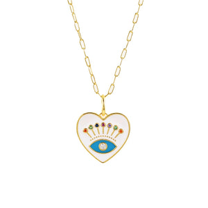 925 Silver Enamel Evil Eye Heart Pendant Necklace Zircon Palm Charm Thick Chain