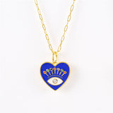 925 Silver Enamel Evil Eye Heart Pendant Necklace Zircon Palm Charm Thick Chain