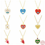 925 Silver Enamel Evil Eye Heart Pendant Necklace Zircon Palm Charm Thick Chain