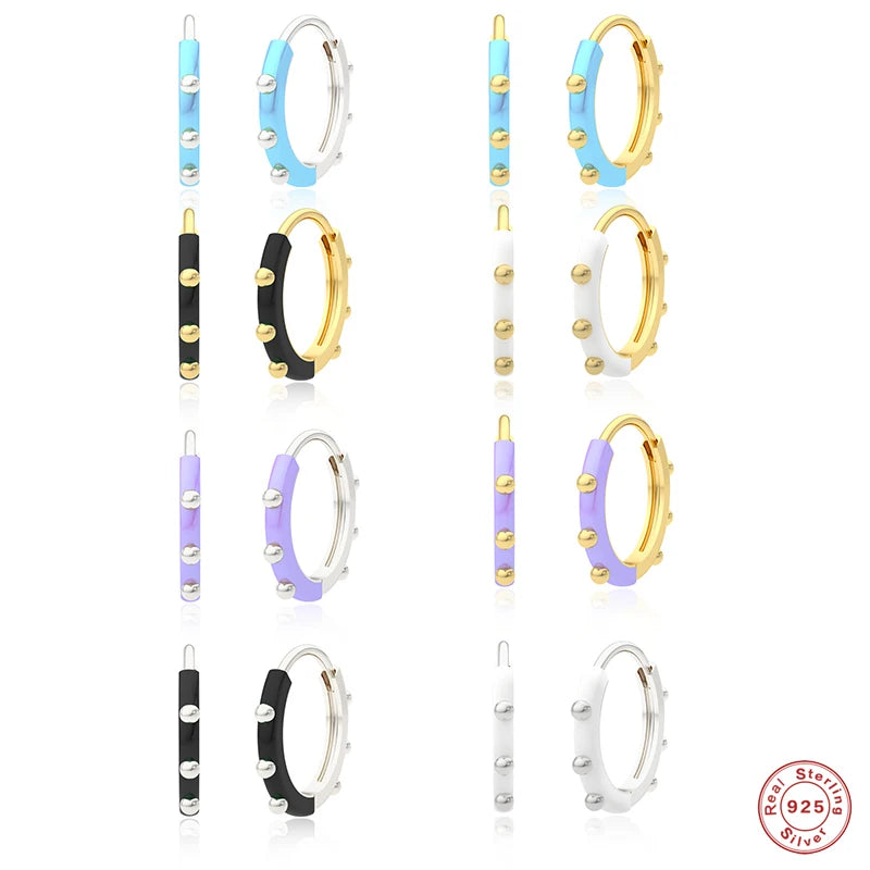925 Silver Purple Enamel Hoop Earrings Dripping Oil Beads Huggie Cartilage Hoop