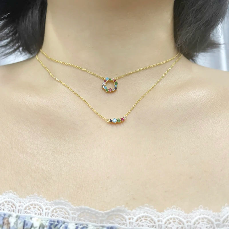 925 Silver Zircon Garland Pendant Necklace Women Rainbow Crystal Charm