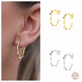 925 Silver Crystal Circle Hoop Earrings Rainbow Zircon C Shape Piercing