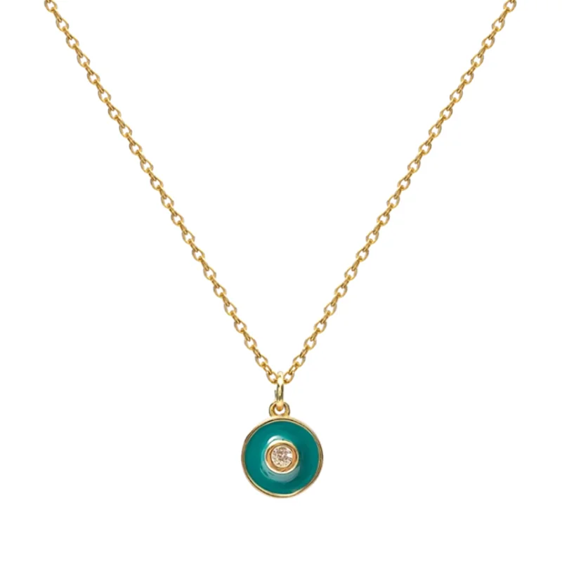 925 Silver Colorful Enamel Pendant Necklace Zircon Disc Charm Fine Jewelry