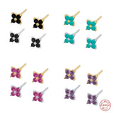 925 Silver Floral Stud Earrings Turquoise Red Purple Zircon
