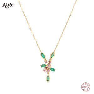 925 Silver Colorful Green Pink Zircons Coral Pendant Necklace Women Gift