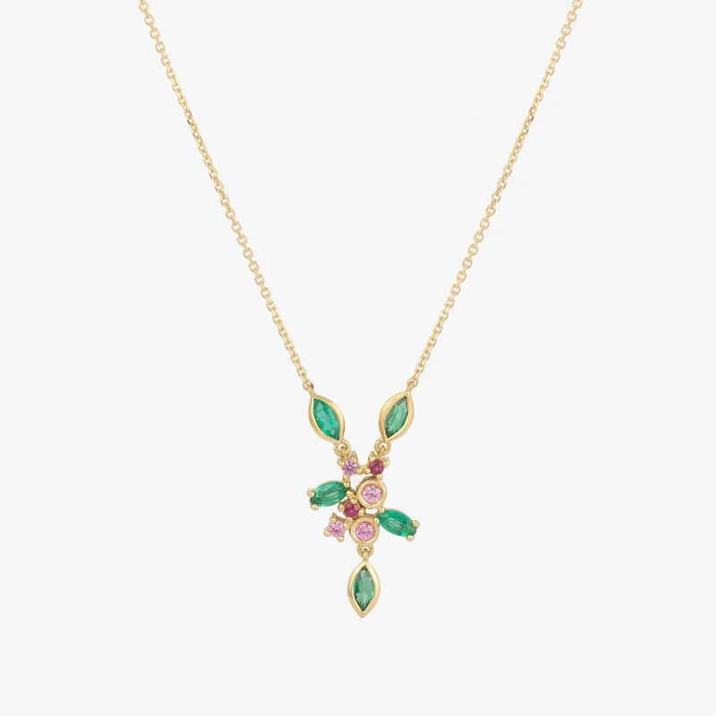 925 Silver Colorful Green Pink Zircons Coral Pendant Necklace Women Gift