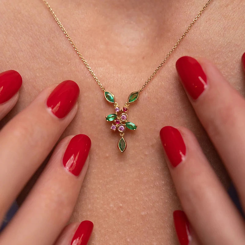 925 Silver Colorful Green Pink Zircons Coral Pendant Necklace Women Gift