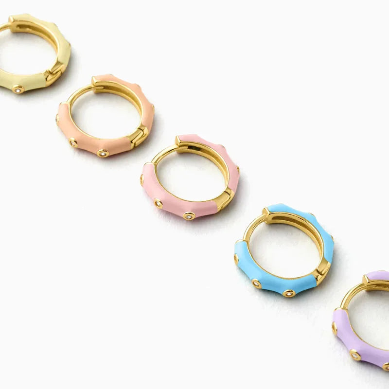 925 Silver Purple Pink Enamel Huggie Earrings Set Zircon Flower Studs