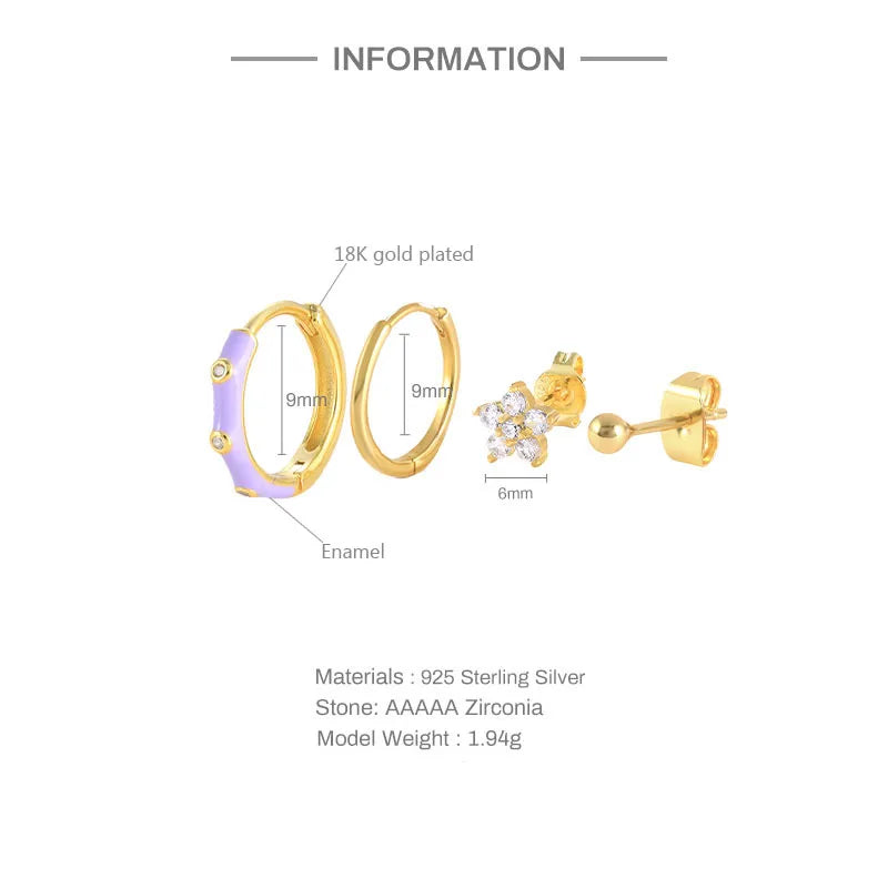 925 Silver Purple Pink Enamel Huggie Earrings Set Zircon Flower Studs