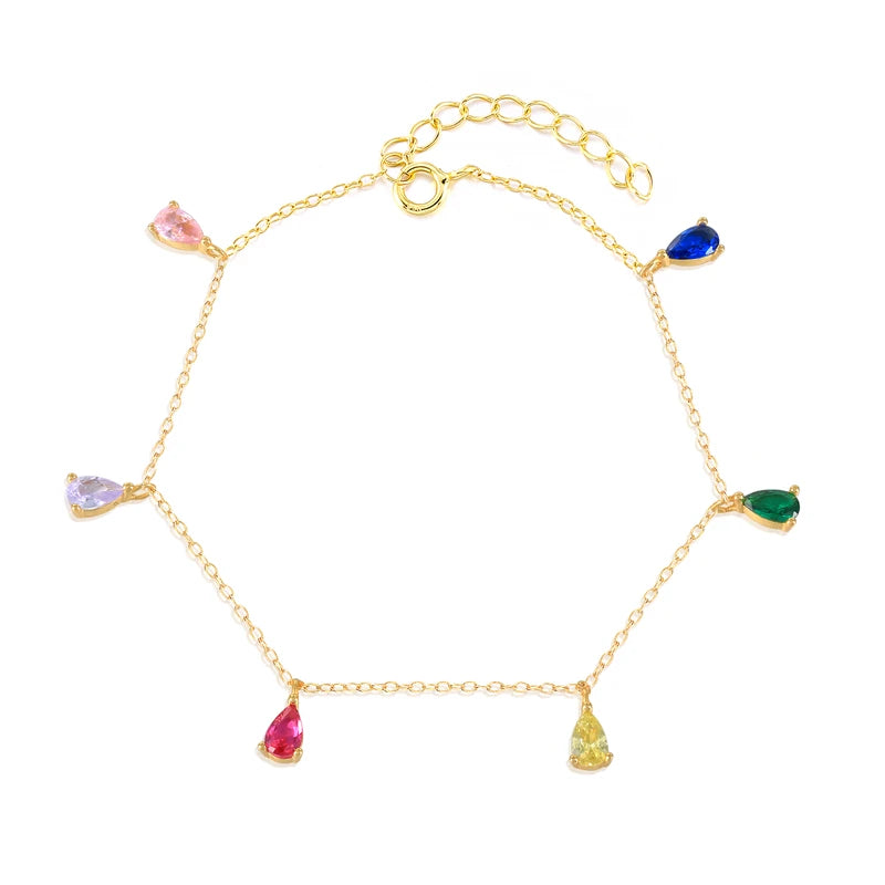 925 Silver Colorful Water Drop Zircon Charm Bracelet Square Green Crystal Beads