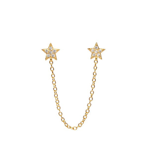 925 Silver Zircon Star Stud Earrings Double Star Studs with Chain Tassel